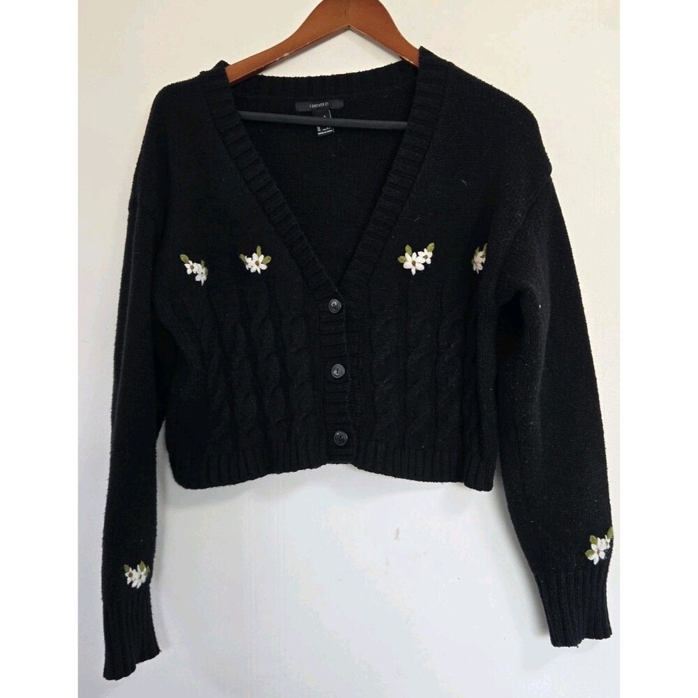 Forever 21 Sweater Womens Cardigan S Dark Floral Embroidered Boho Cottagecore